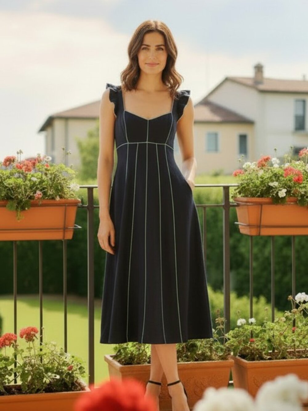 NWT Ellen Tracy Navy Contrast Stitch Ruffle Midi Dress Pockets M